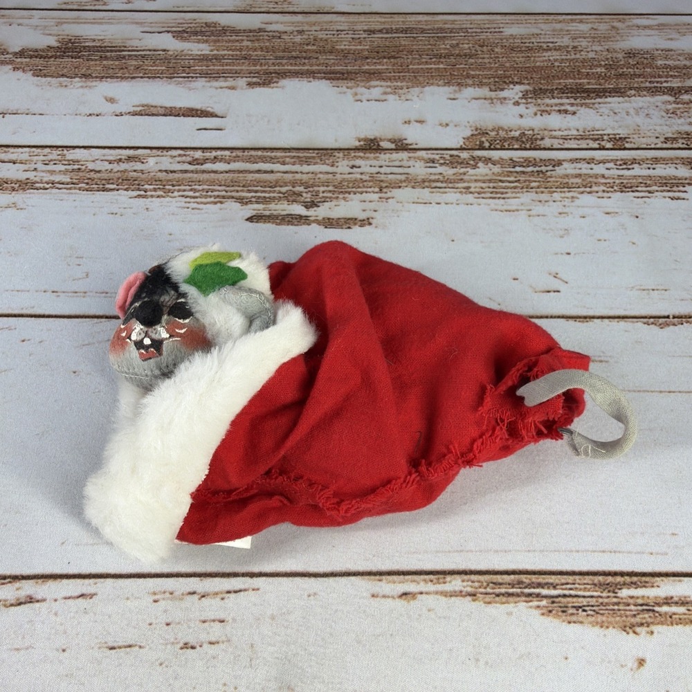 Vintage Annalee Christmas Figure: Mouse in Red Stocking w/ Holly,  9" - 1986